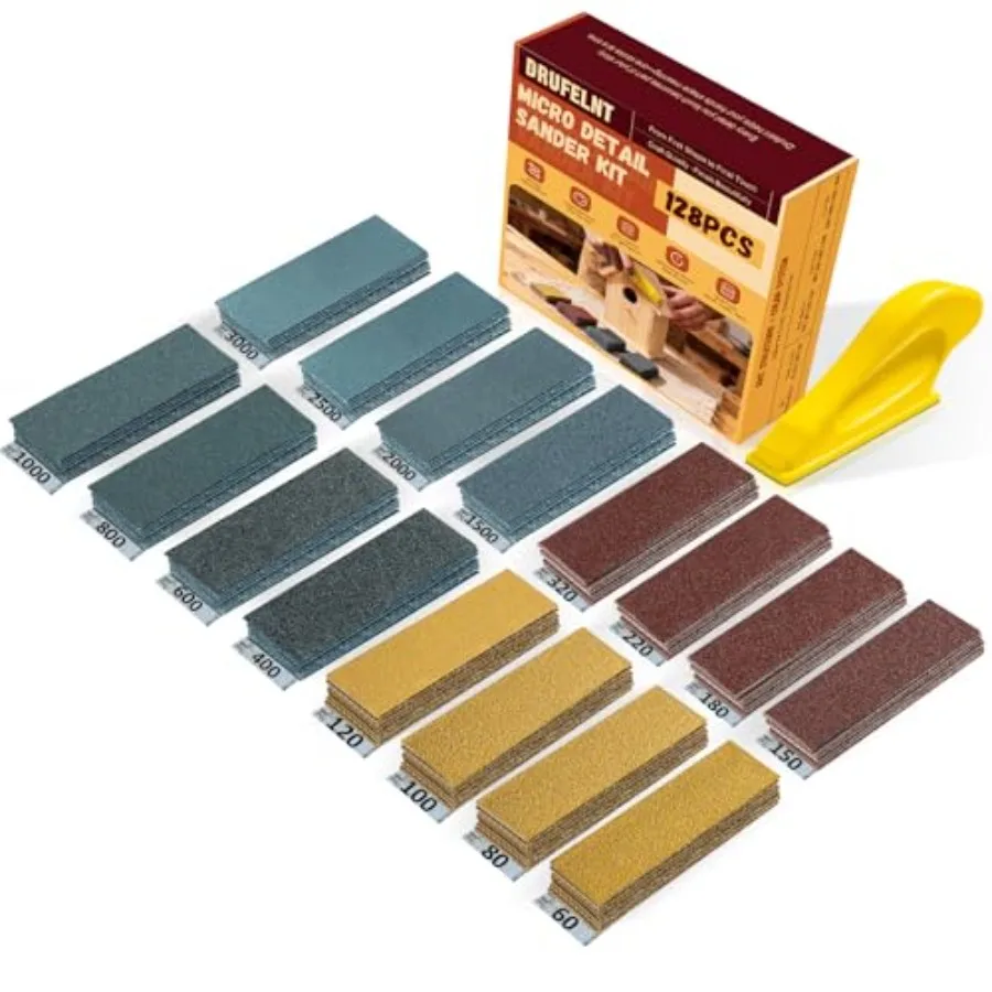 128PCS Premium Micro Sander and Sandpaper Kit, Detail and Mini Hand Sander with Small Sanding Block, 80 3000 Grit Sandpaper Ass