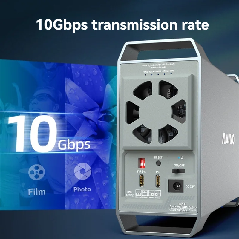 

MAIWO 10Gbps Dual Bay 3.5In External Hard Drive Enclosure With 4 RAID Intelligent Temperature-Controlled For 2.5/3.5 In HDD