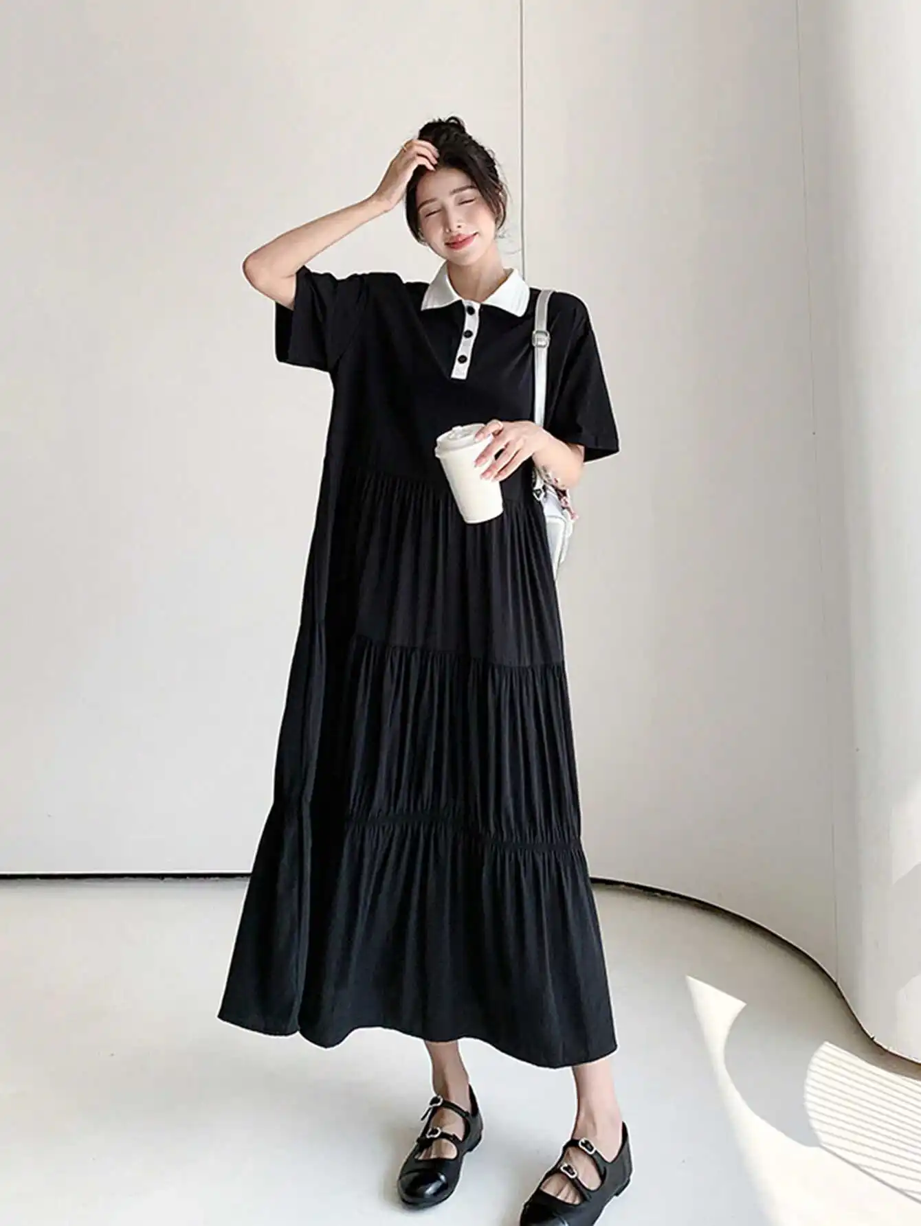 Black Hepburn A Word Loose Plus size Fat Girl Dress Fishtail Belly Covering Long Dress Hepburn Black Dress