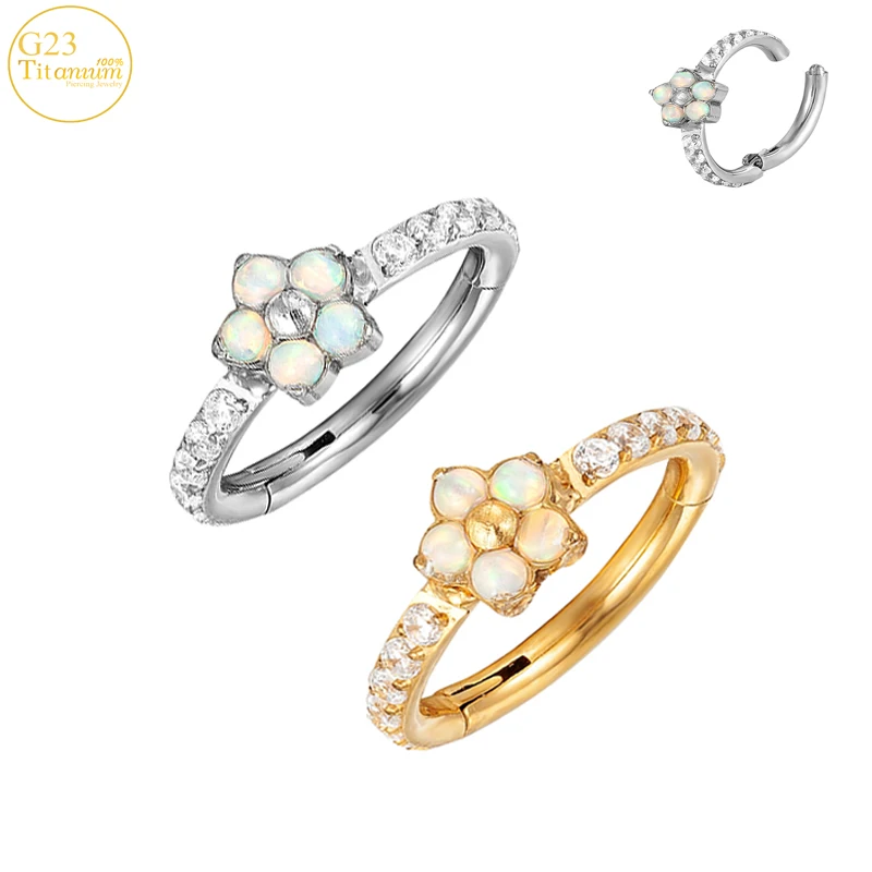 

G23 Titanium Opal Piercing Earrings Zircon Septum Nose Rings Hinged Segment Clicker Ring Cartilage Tragus Helix Piercing Jewelry