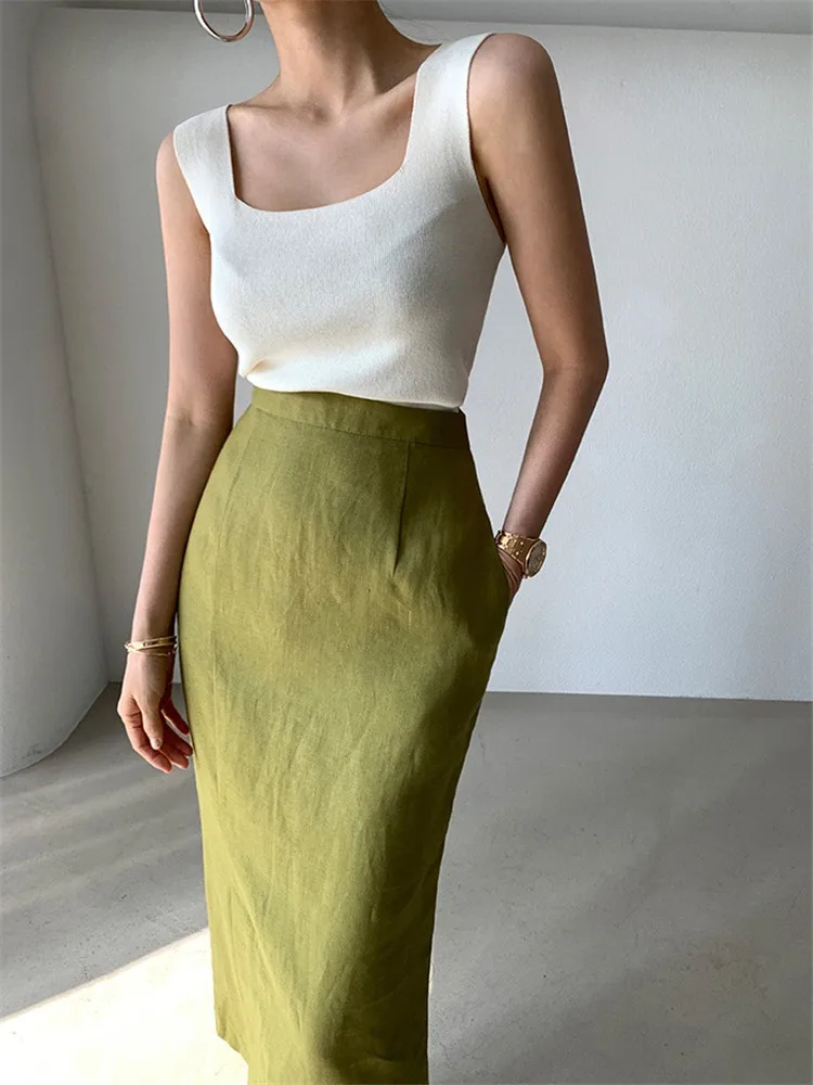 

Celebrity Elegant Lady 2 Piece Sets Summer Fashion White Knit Short Tank Top&high Waist Slim Midi Green Skirt Women 2pc Suits