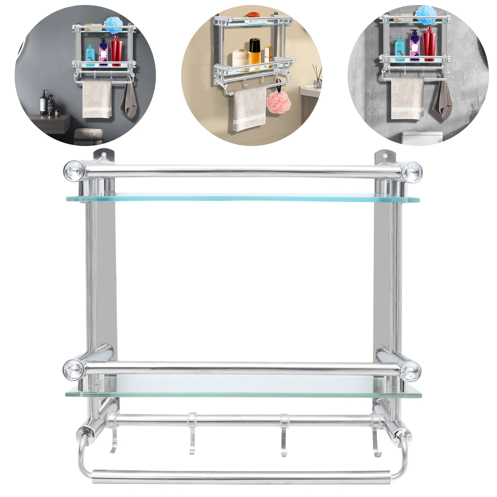 Towel Rack 3 Tier Wall Mounted Bathroom Storage Glass Shelf with Towel Bar