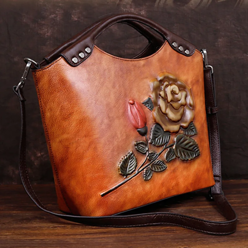 Genuine Leather Vintage Floral Top Handle Shoulder Female Bags First Layer Cowhide Leisure Messenger Embossed Bag Women Handbag