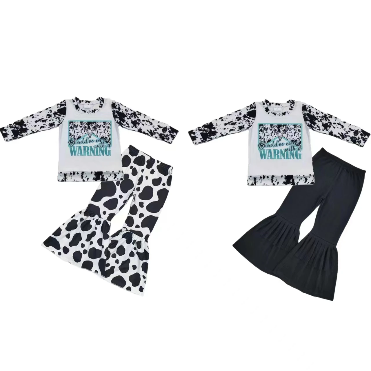 Wholesale Baby Girl Western Long Sleeves Outfit Kids Bell Bottom Pants Toddler Cow Print Tops Set Children Boutique Clothes