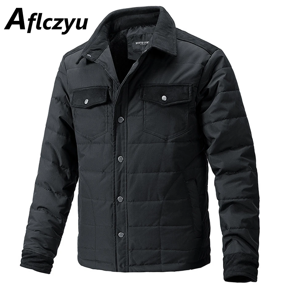 

Turndown Collar Cargo Jacket Men Autumn Winter Warm Fleece Jacket Coat Male Fashion Casual Solid Color Jackts Button Coats