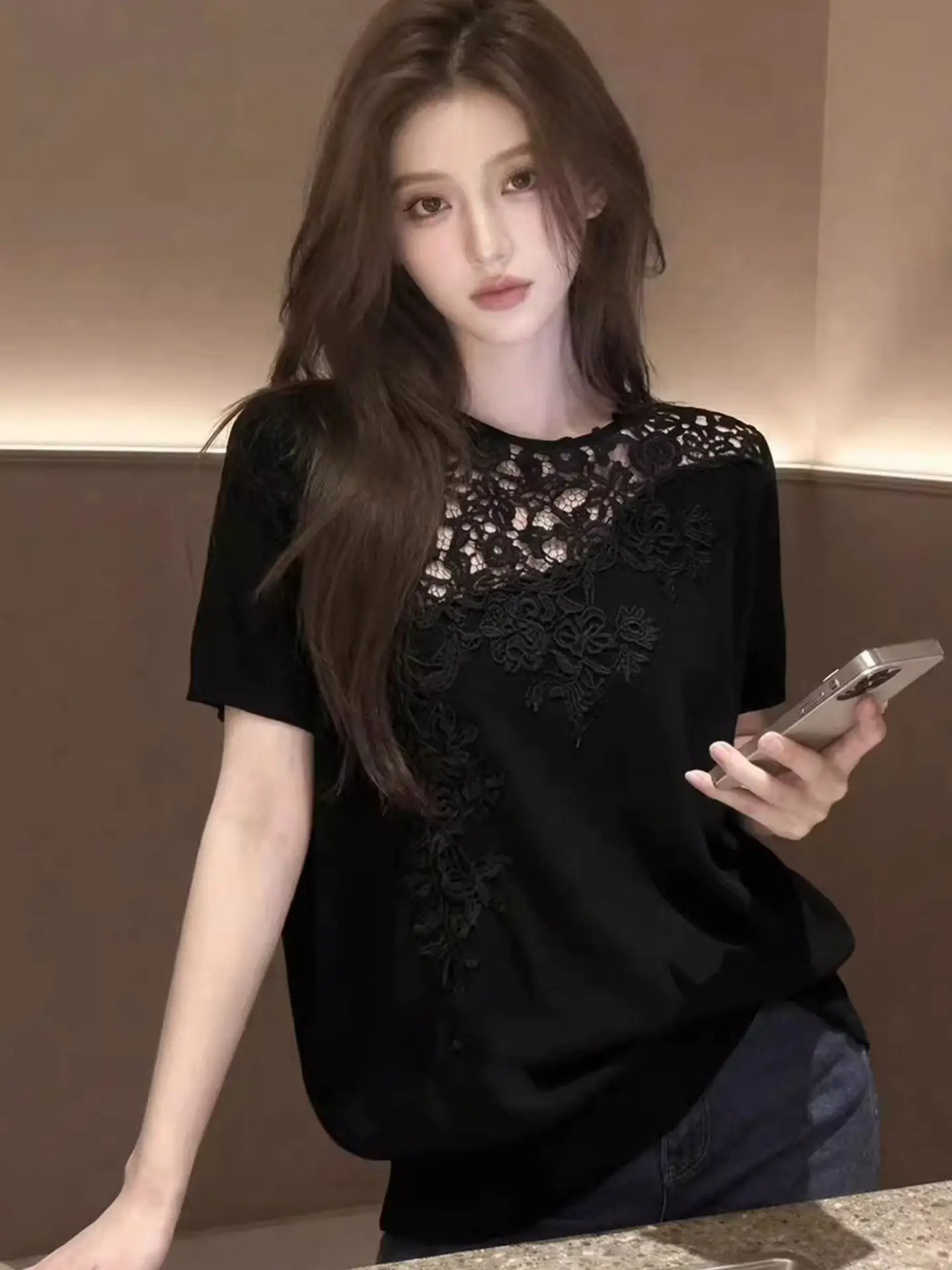 

Lace Splice Short Sleeve T-Shirt Loose Slimming Summer Fashionable Commute Style Korean Version Straight Cut Single Piece