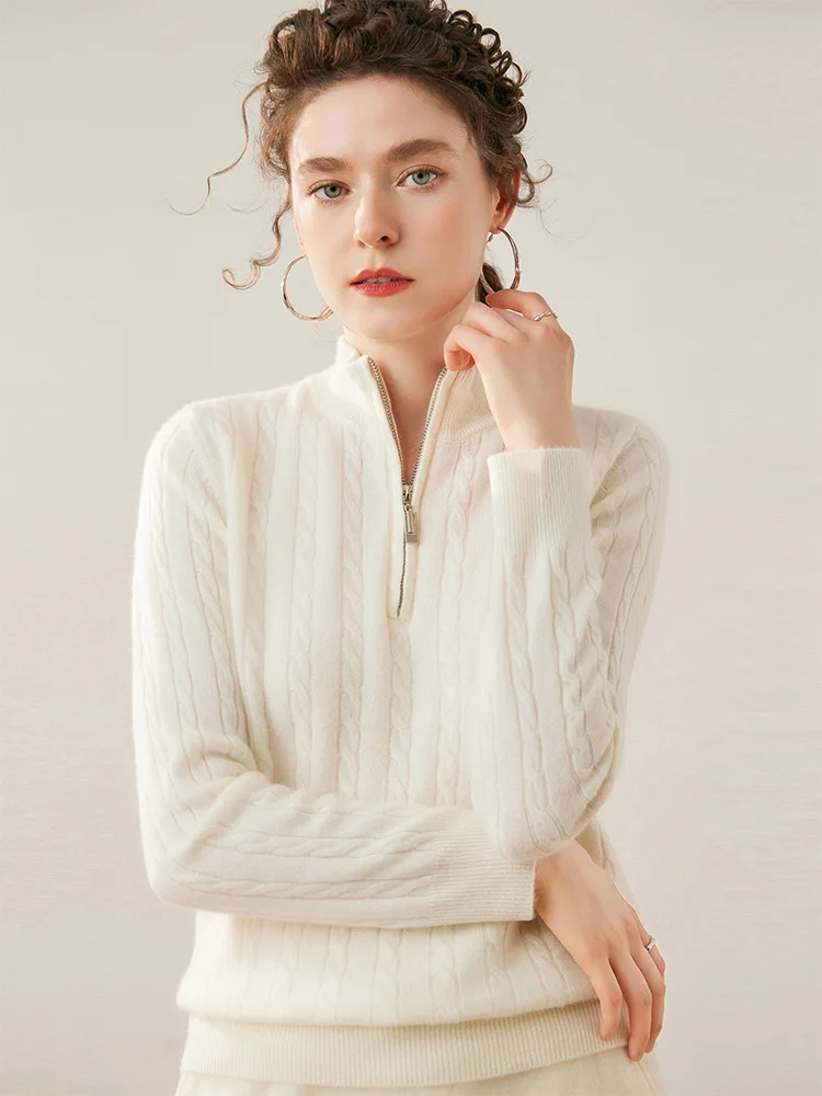 Twist Flower Women's Pullovers 100% Cashmere Knitted Mock Neck Sweater Zipper Chic Long Sleeve Basic Soft Warm Autumn Winter Top