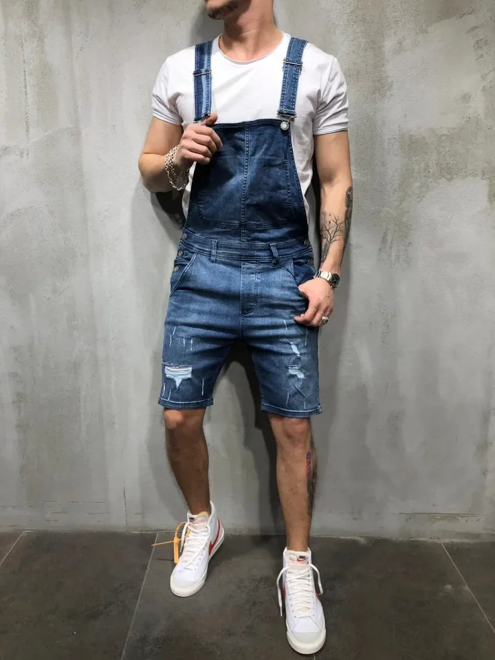 

Men Jeans Shorts Denim Jumpsuit Holes Solid High Waist Knee Length Washing Pockets Straight Distressed Overalls One Piece 2025