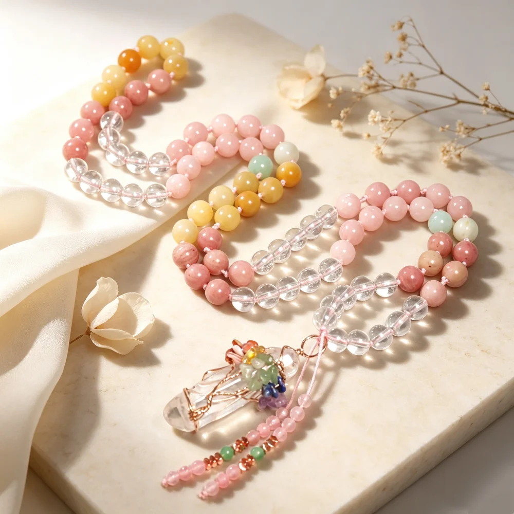 Entwined Tree of Life Crystal Pillar Pendant Mala Necklace Rose Quartz Natural Stone Beaded Necklace Prayer Beads Jewelry