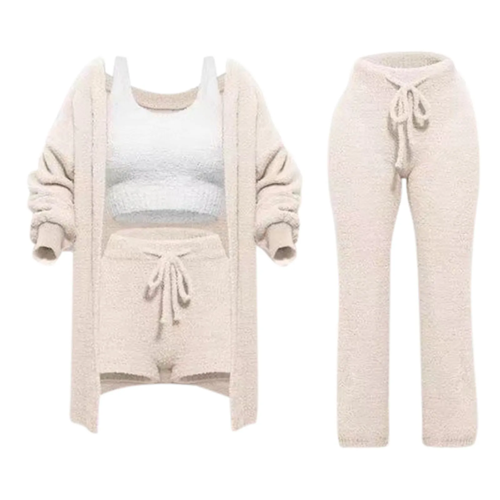 Leisure Plus Size Matching Sets Casual Solid Knitted Plush Long Sleeved Cardigan Vest Top Shorts And Long Pants 3 Piece Sets