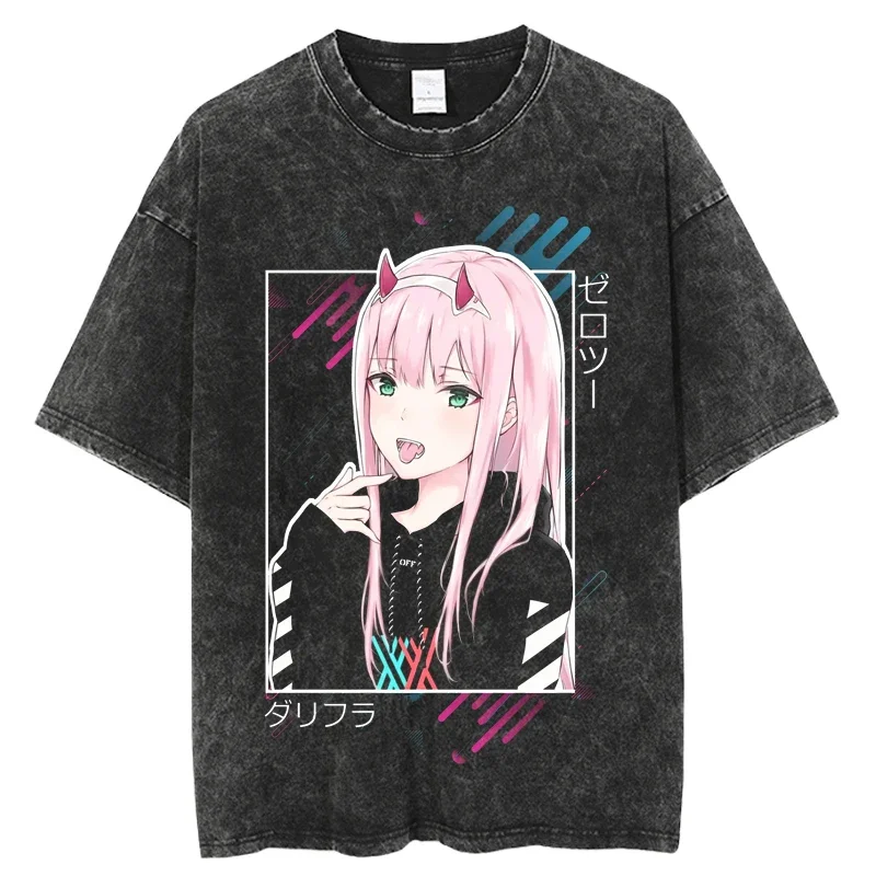 

New Darling in the FranXX TShirts Men Washed Tshirt Japanese Anime Print T-Shirt Women Vintage Casual Short Sleeve Streetwear