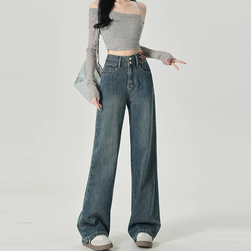 YJKDYK Women's Narrow Cut Wide Leg Jeans High Waist And Hanging Feeling Straight Leg Casual Look Slim Contrasting Colors Pants