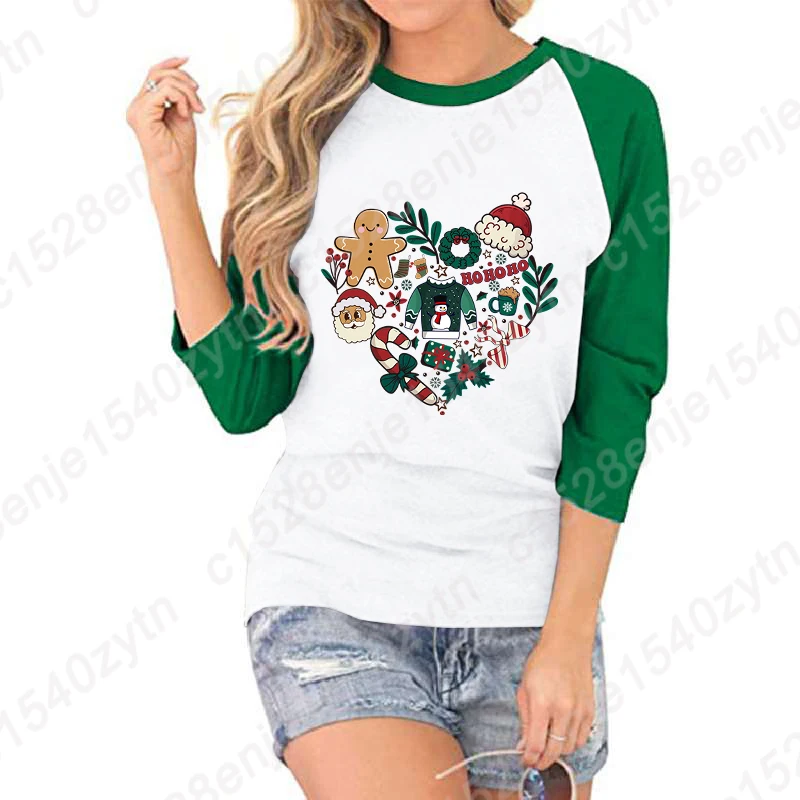 

Women Hot Selling Tops Christmas Heart Santa Gingerbread Ho Print Seven Sleeves Shirt Summer Casual Crew Neck T-shirt Loose Tops