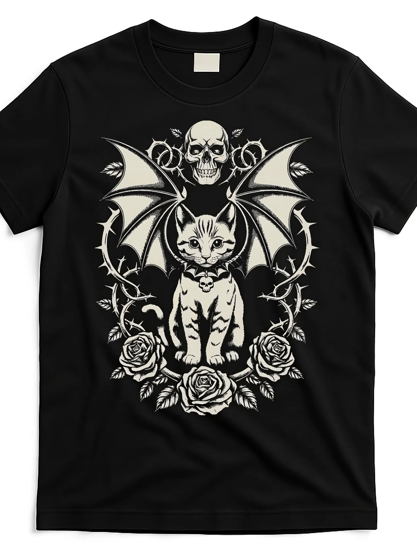 

Goth Halloween Skulls Rose Kitten Cat T-Shirt 100% Cotton O-Neck Short Sleeve Summer Casual Mens T-shirt Streetwear