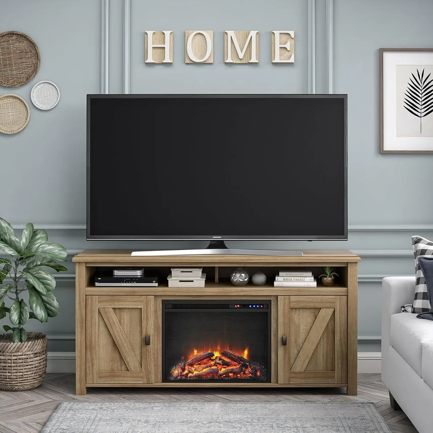 Farmington Fireplace TV Stand for TVs up to 60 Inch, Replaceable Electric Fireplace Insert Heater, Remote Control,Timer, Natural