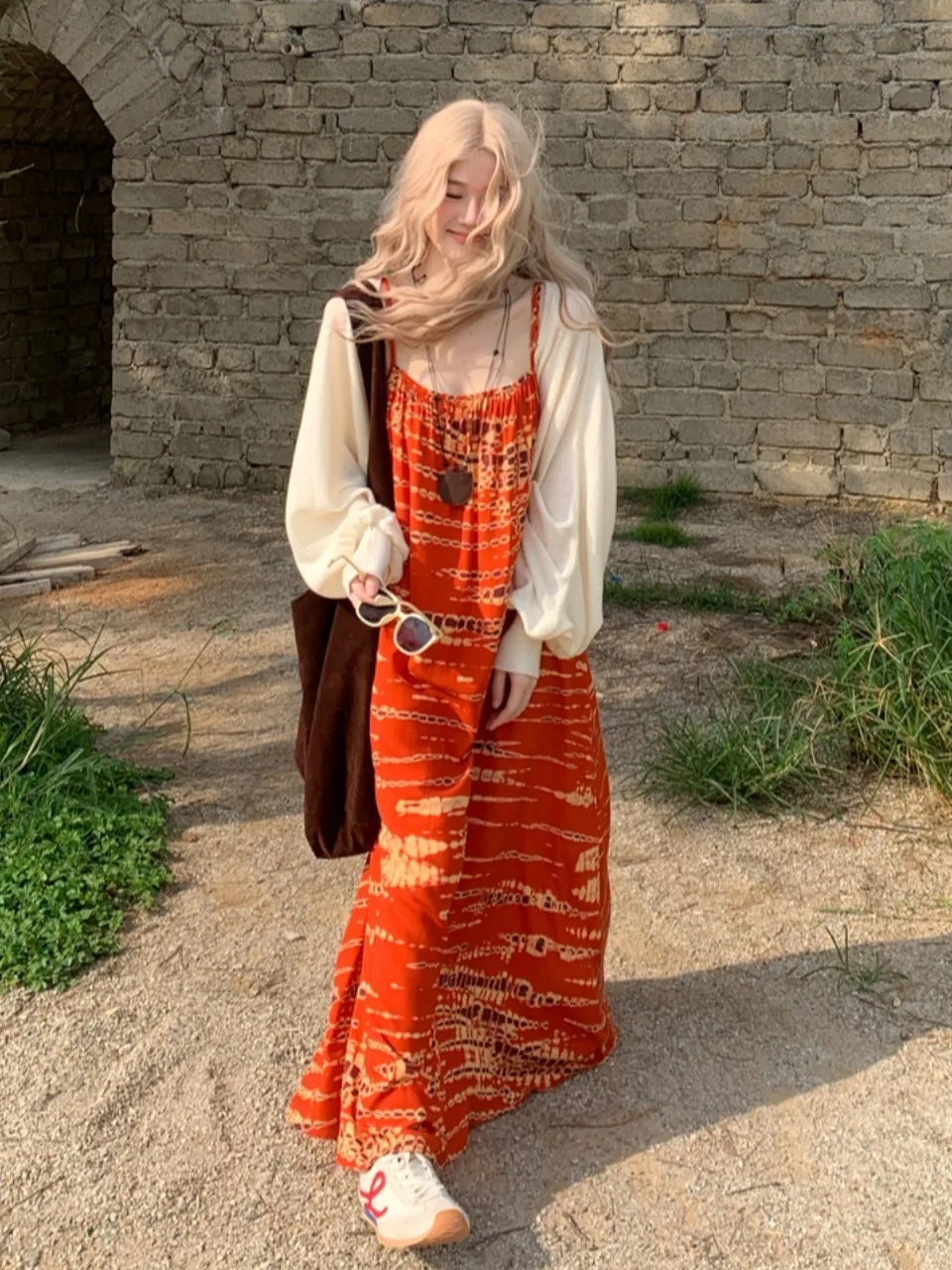 

plus Size Bohemian Print Maxi Dress Women's Thin Cardigan Top Autumn New Style Vacation Style High Waist Long Skirt Dress