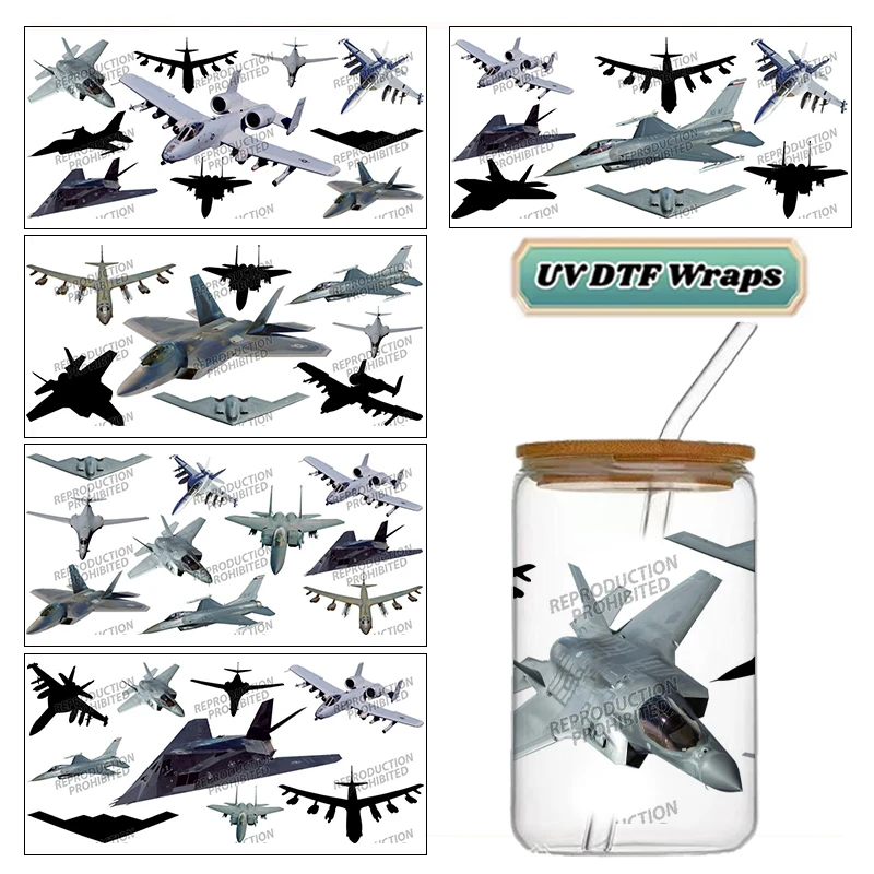 Military Fighter Jet Aircraft 16oz UV DTF 3D Transfer Cartoon Sticker Wrap Decals For Glass Can Cup Craft DIY Creative