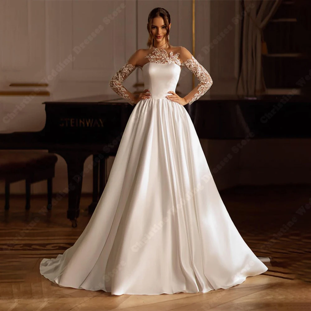 2024 Vintage Women Wedding Dresses O-Neck Long Sleeves Bridal Gowns Lace Appliques A-Line Robes Floor Length Vestidos De Novias