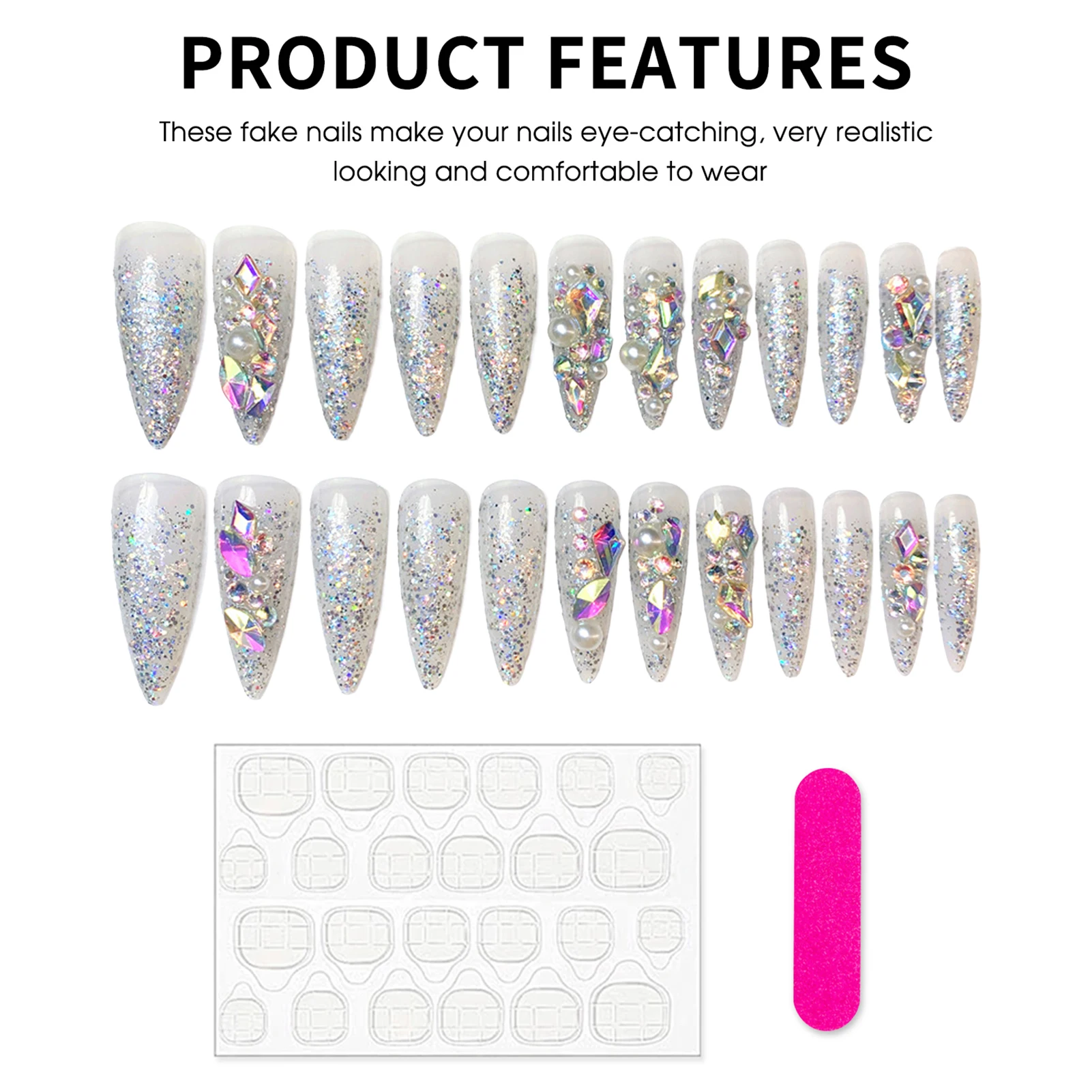24 Stück Glitzernde Strass-Press-On-Nägel, luxuriöse, glänzende Pailletten-Designs, künstliche Nägel, lange Stiletto-Nägel, Braut-Hochzeits-Kunstnägel – Detail 8