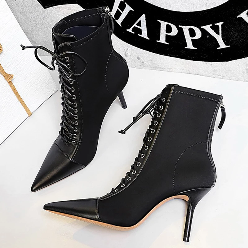 BIGTREE Shoes Cross Straps Sexy Women Boots Pointed Toe Stiletto High-heel Boots 2024 New Women\'s Ankle Boots Plus Size 42 43