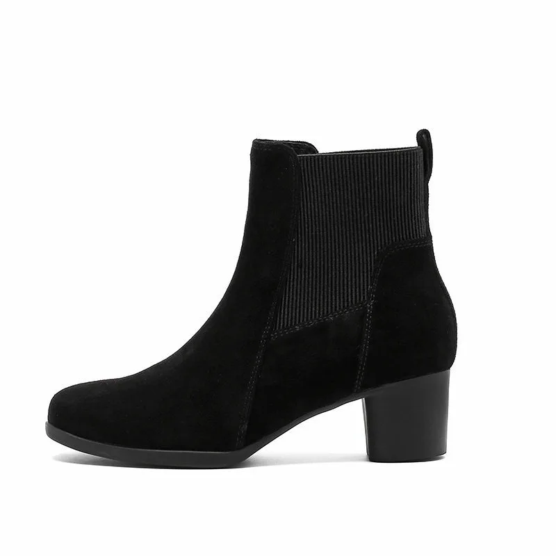 Women's Chunky-Heel Ankle Boots Suede Mid-Heel Boots Comfortable Commuter Work Shoes Chelsea Boots