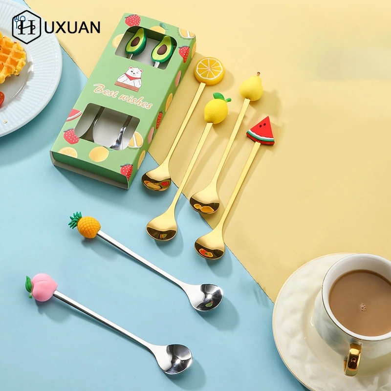 Mini Cartoon Creative Stainless Steel Spoon Fork Cartoon Fruit Macaron Dessert Spoons Fruit Forks Milk Coffee Stirring Spoons