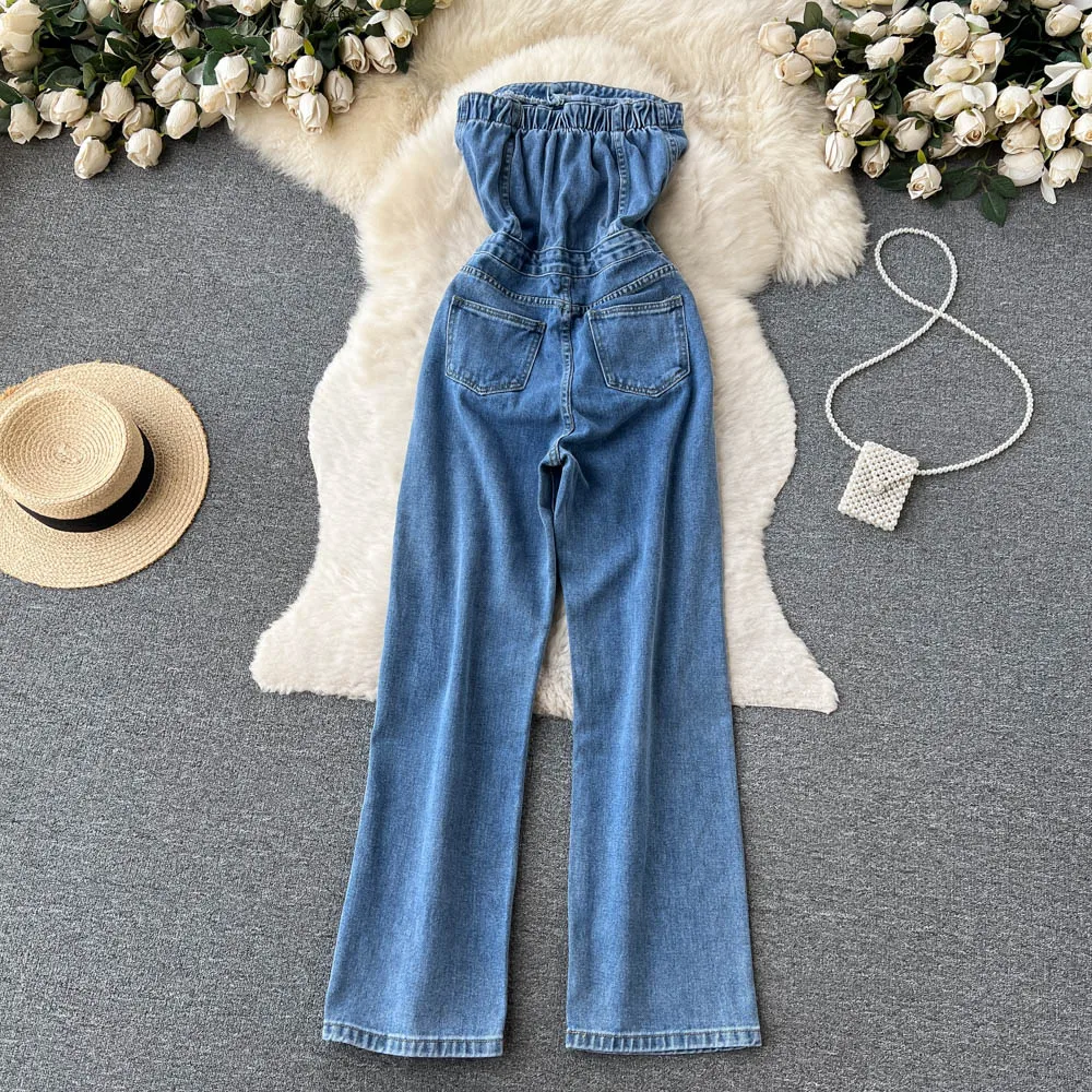 Spring and Summer New Retro Style Sexy Thin Single-breasted Denim Tube Top Jumpsuit Feminine Wide-leg Denim Trousers