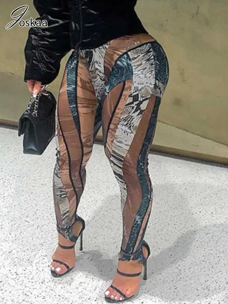 Joskaa Contrast Print Foot Pants Women Hipster Patchwork High Elastic Waist Tight Trousers Autumn Female Bottoms Y2K Streetwear