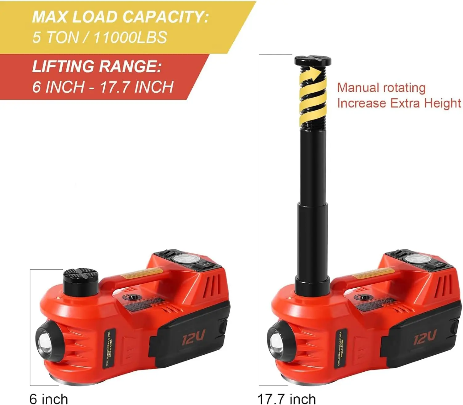 Electric Car Jack Kit 5 Ton 12V Floor Jack with Impact Wrench and Tire Inflator Pump Portable Hydraulic Car Jack for SUV Sedans