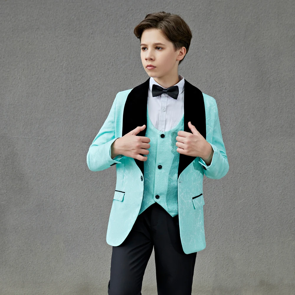 Light Green Children's Black LAPEL SUIT Kids Tuxedo Formal Dress Clothes Sets Child Wedding Costumes Jacket Pant Gentlemen 3PCS