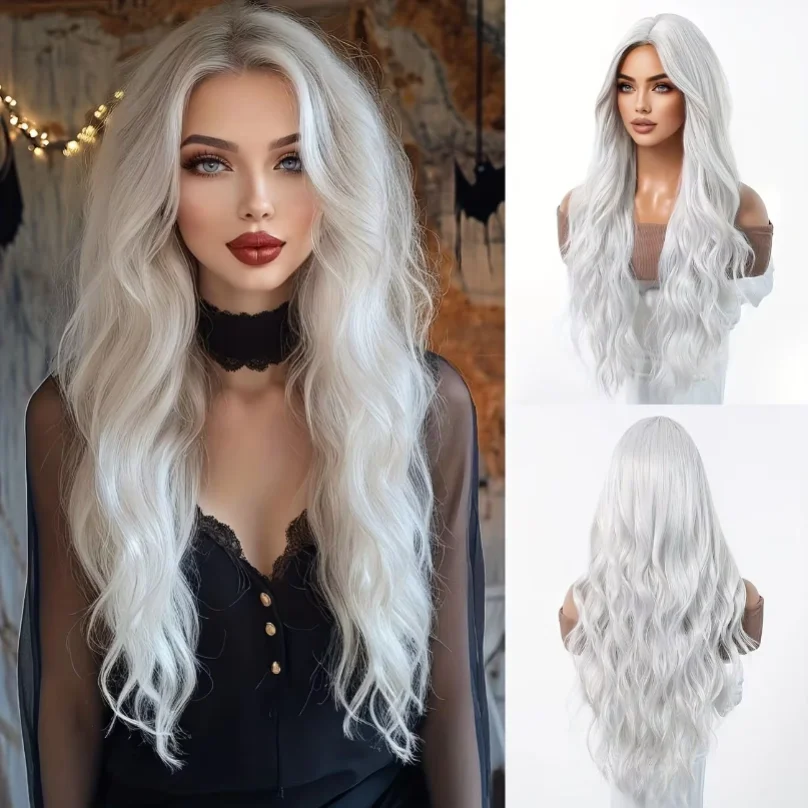 Silver White Medium Large Wave Synthetic Long Curly Hair Fashionable Elegant Pure White Imitation Wig Women's Wig