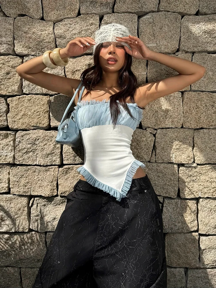 

Weird Puss Sweet Лоскутная майка для женщин Съедобное дерево с грибками Складки с открытой спиной и рукавами Нерегулярный подол Вечеринка Клубный узкий шикарный жилет