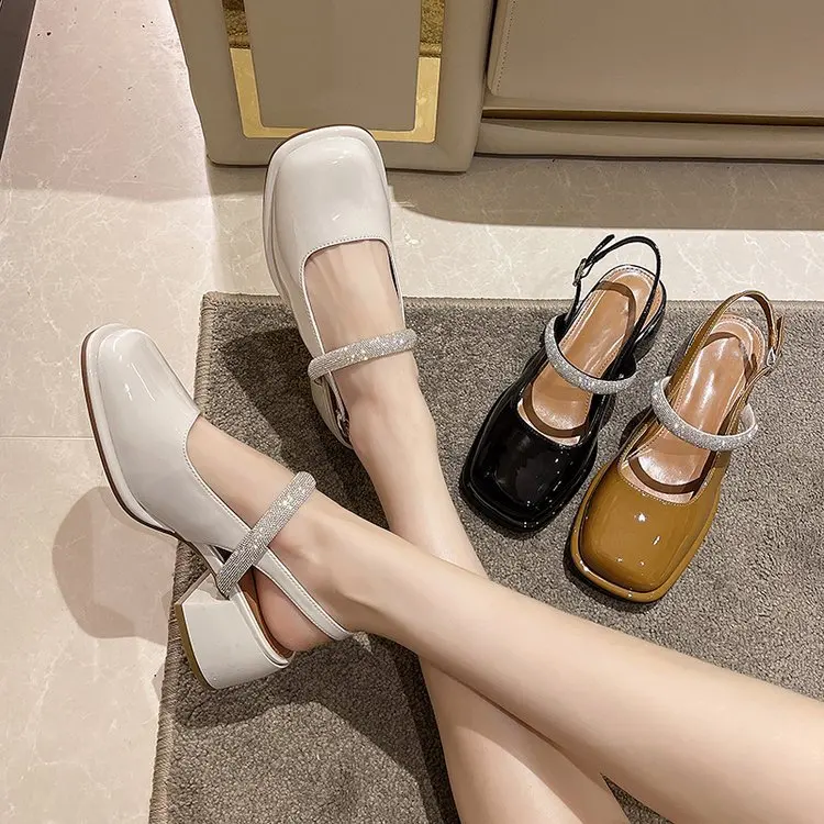 Comfort Shoes for Women Square Toe Block Heels Rhinestone Sandals Large Size 2023 Summer Suit Female Beige Mary Jane Chunky Fash