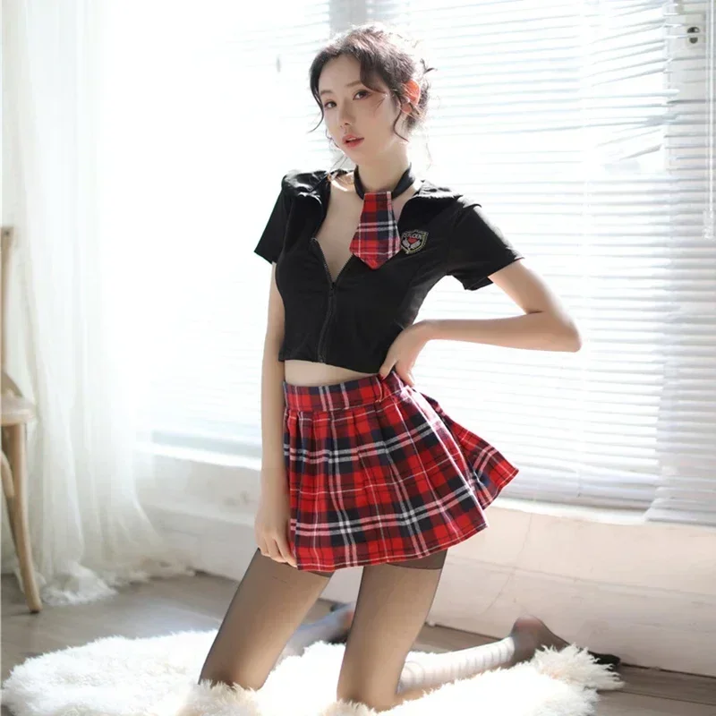 Sexy Lingerie Kawaii JK School Girls Uniform Student Black Shirt Plaid Skirt Suit Exotic Costumes Pajamas Night Club Wear Women