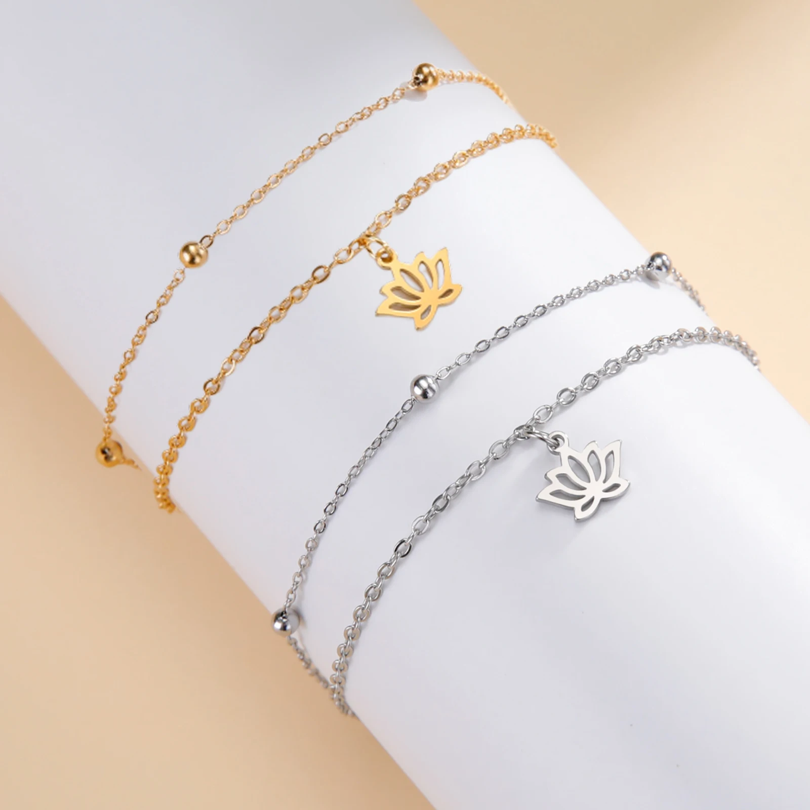 Skyrim Stainless Steel Lotus Flower Charm Bracelet Women's Double Layer Beads Chain Bracelets Bohemian Jewelry Birthday Gift