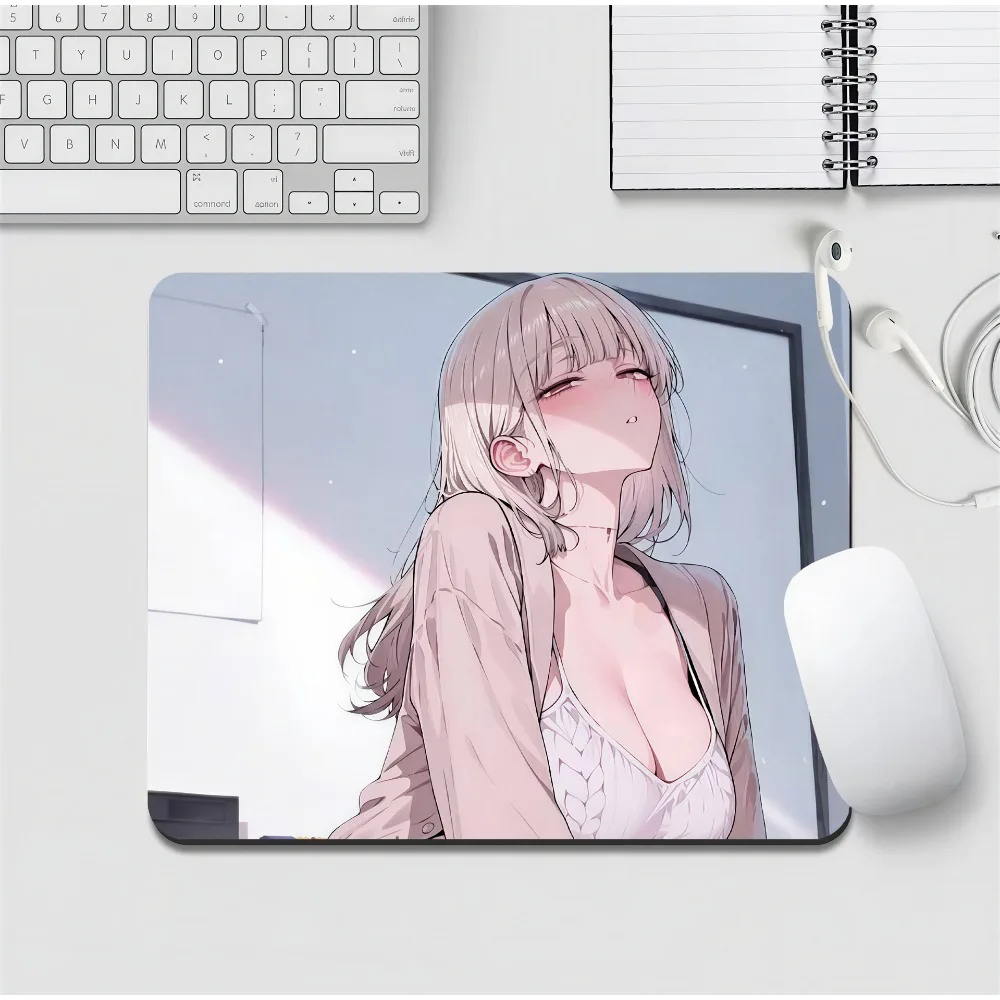 Gaming Mouse Pad,Small Square Desk Mat,Anti-slip Rubber Base,Stitched Edges,White Base Lavender Hair Elf Anime Girl Print