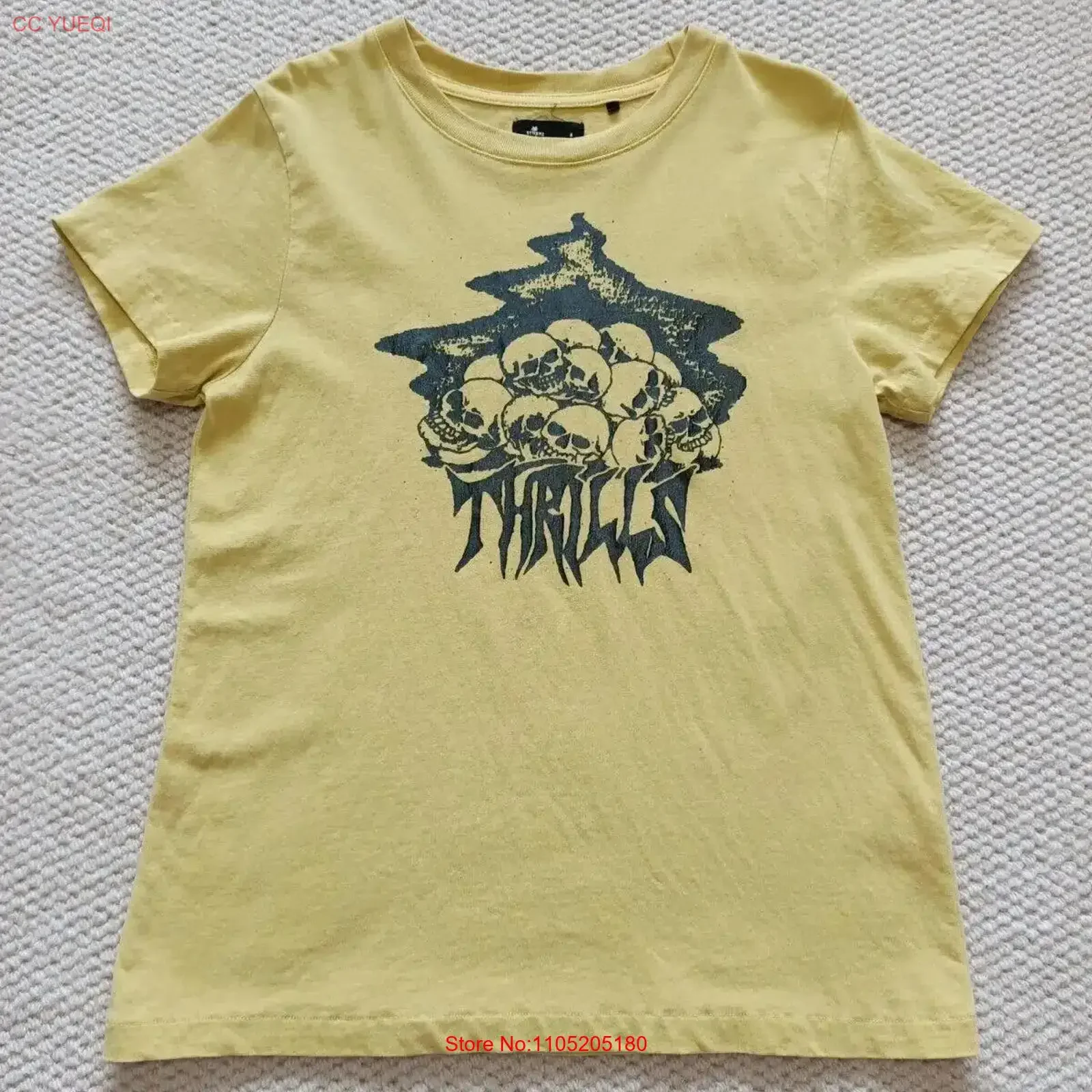 

Женская футболка Thrills, размер 8, желтая уличная одежда, винтажный стираный универсальный унисекс, домашняя эластичная дизайнерская одежда с графикой