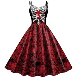 Halloween Dress Women Fancy Skeleton Rose Print Girl Carnival Party Dress Female Goth Horror Costume Rockabilly Christmas Dress