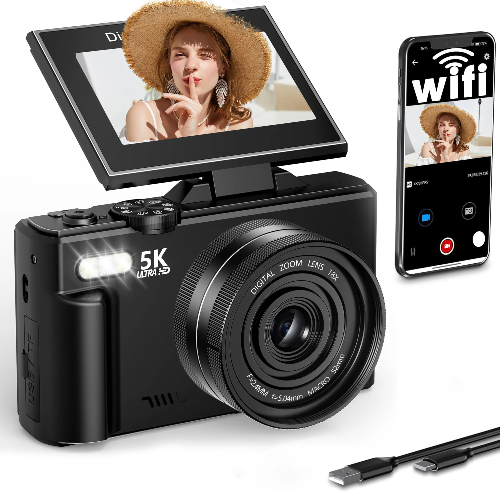 WD08 5K 75MP Cameras for Photography with WiFi & 32GB TF Card Autofoucs Vlogging Camera for YouTube with 180° Flip Screen