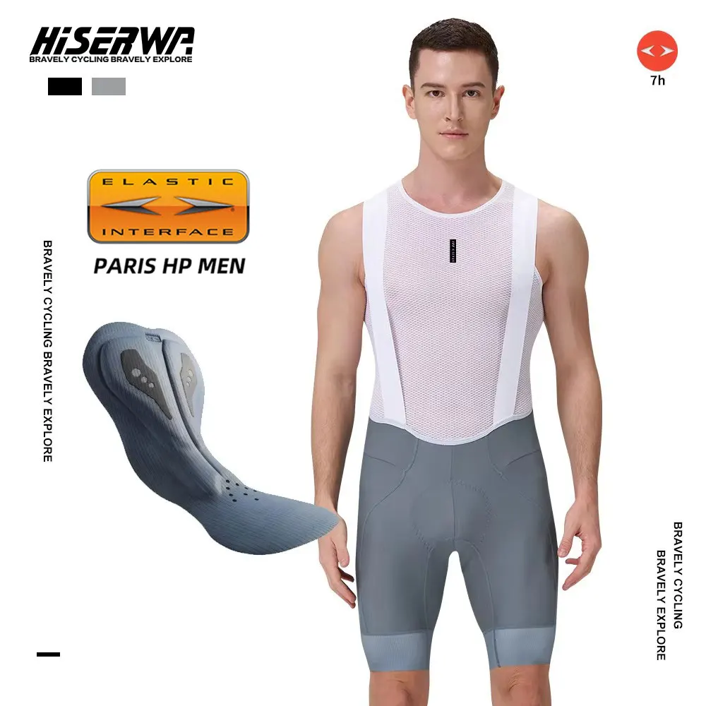 HISERWA Men Cycling Bib Shorts 7 Horus Pro Elastic Interface Pad High Quality Classic Black/Grey Cycling Shorts MTB Bike Tight