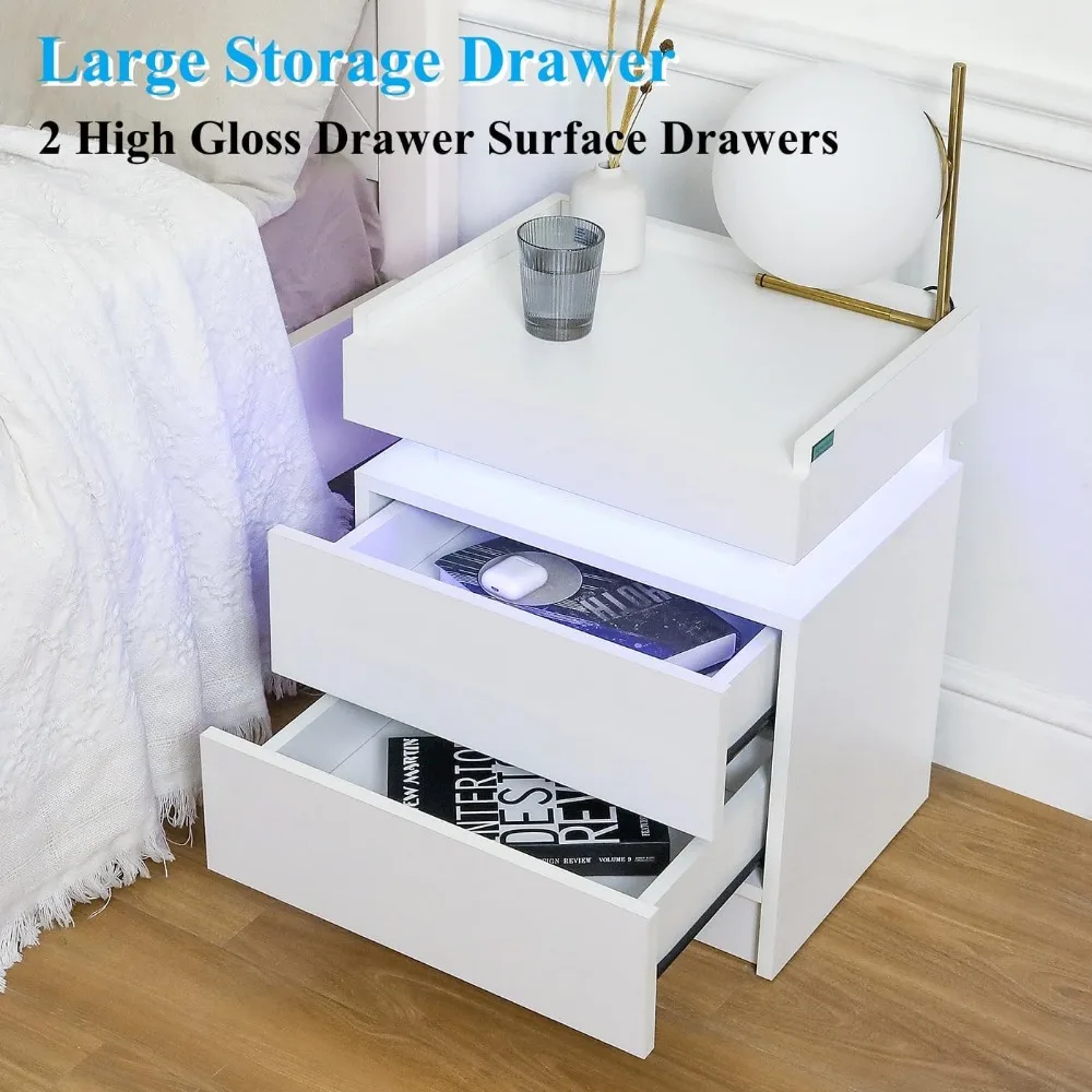 Modern LED Nightstand Set - 2 Drawers High Gloss White Bedside Table with Smart Tabletop Lighting, Contemporary Nightstands for