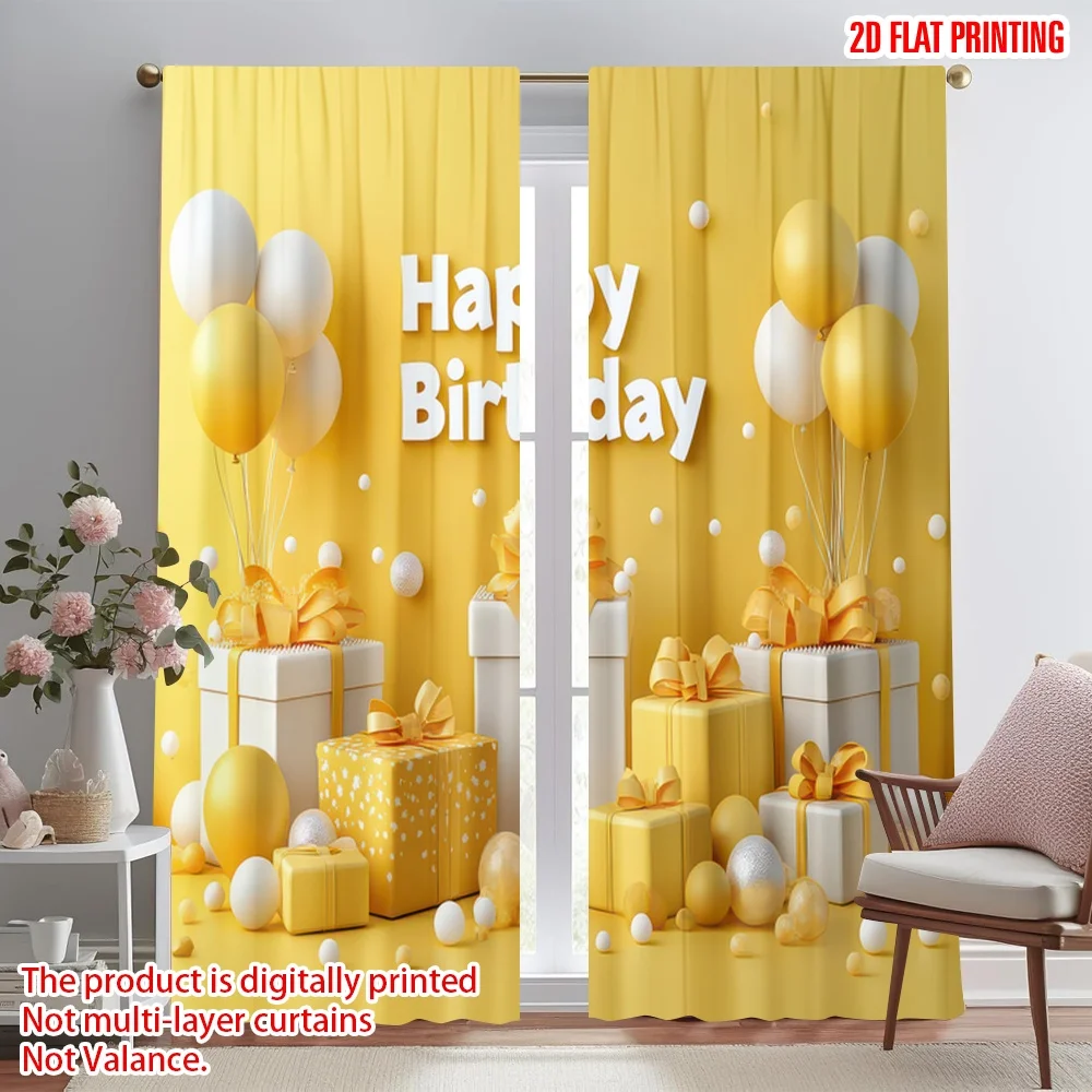 

2D flat printing 2pcs Curtains Birthday Celebration Gifts and Balloons Digital Printed Polyester Drapes Holiday Decorations Use