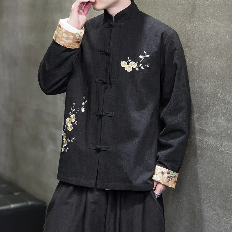 Autumn Witer Cotton Linen Jacket 2023 Hanfu Men Clothing Chinese Style Clothes Loose Tang Suit Black Casual Embroidery Coat