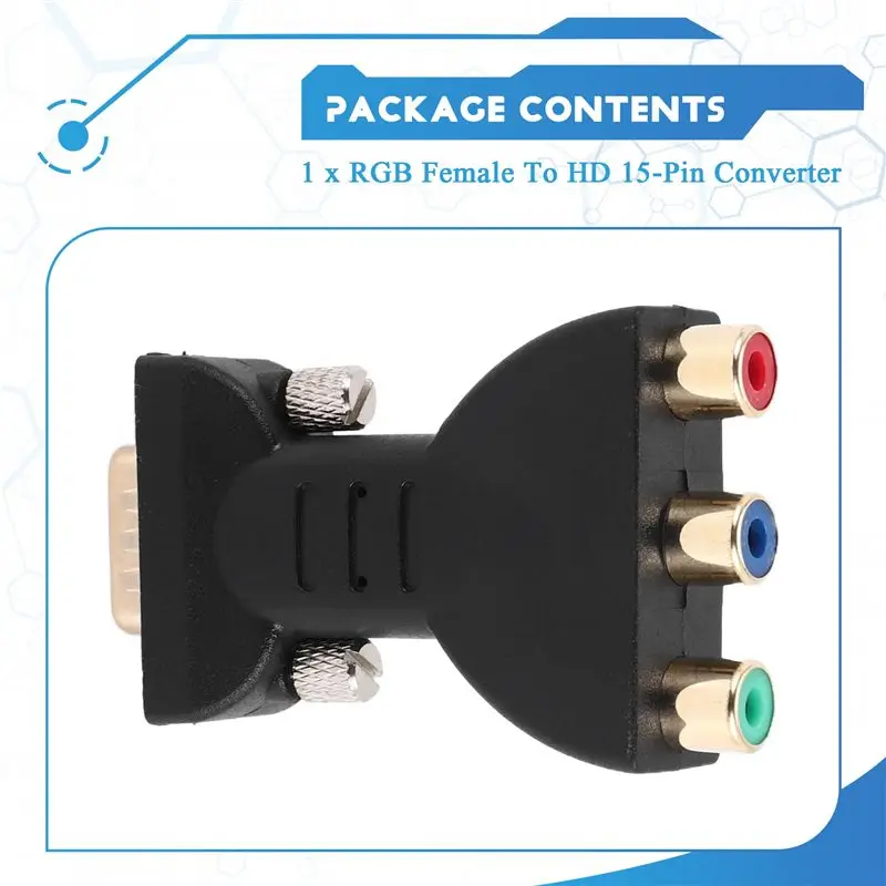 3 RCA RGB Female To HD 15-Pin VGA Style Component Video Jack Adapter Conventer