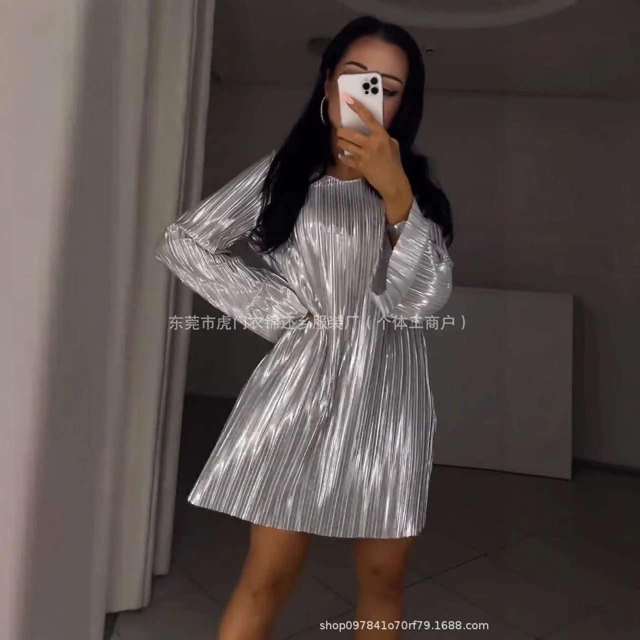 

2023 Ранняя осень, новое платье с блестками, мини-короткое модное платье с длинными рукавами, женское длинное платье с круглым вырезом