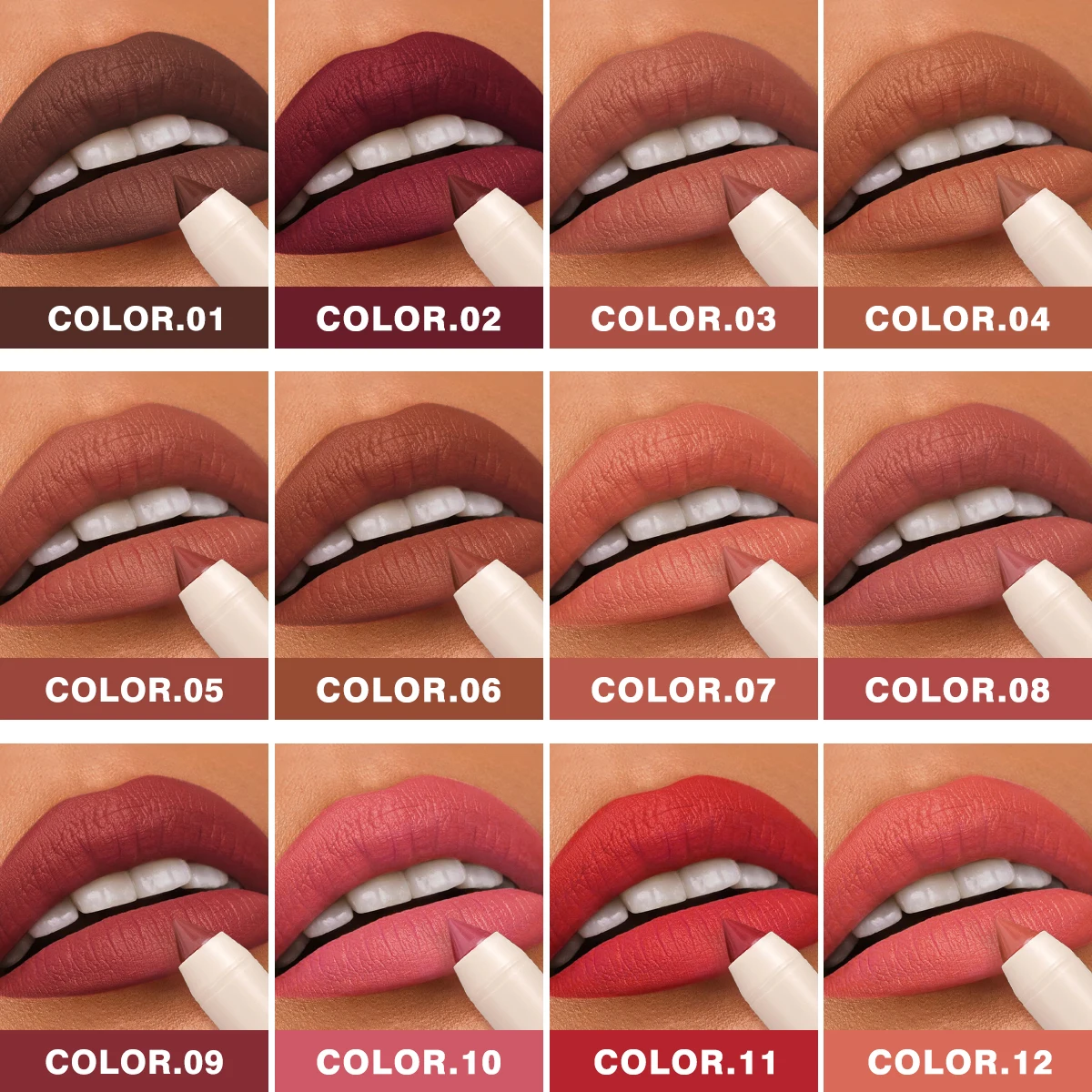 12 Pcs Matte Long-lasting Lipliner Set, Crayon Nib Design Lip Line Lipstick Dual Use, High Color Rendering, Matte Non-stick