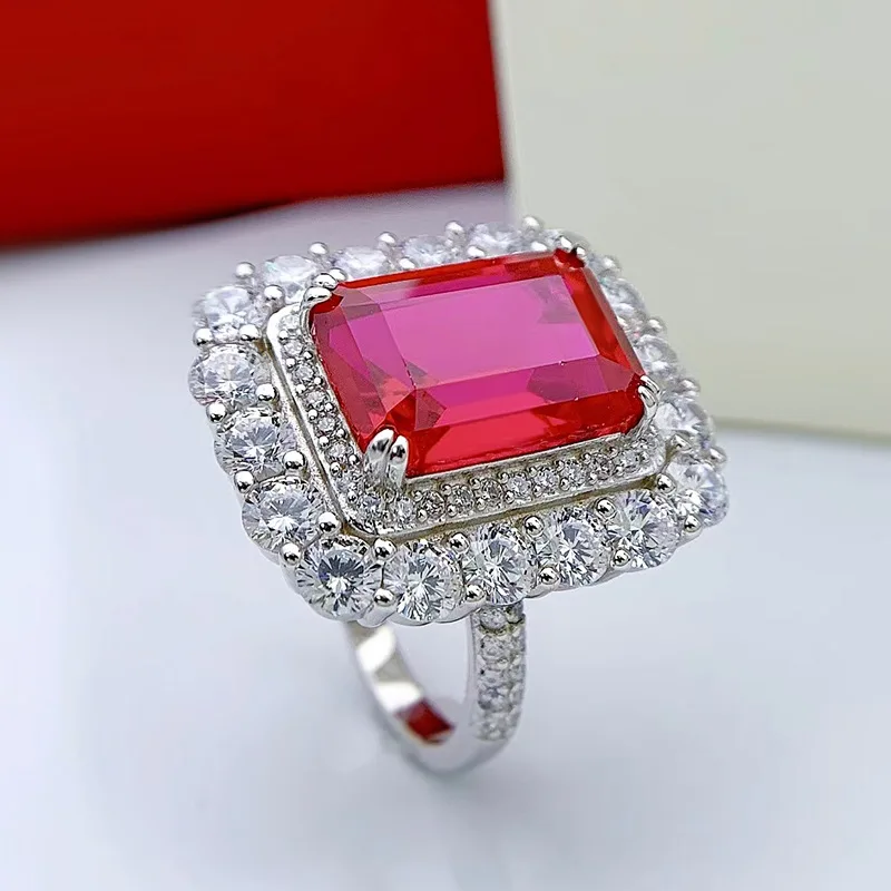 Xiaoyan 100% S925 Silver High end Ruby Ring Set with 10 * 14 High Carbon Diamond Women's Ring Anniversary Commemorative Gift