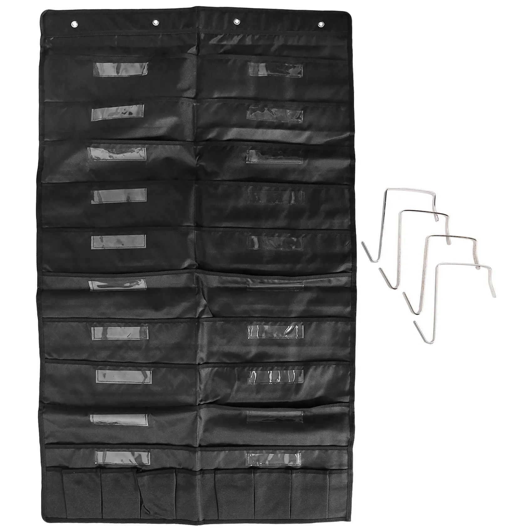 منظم ملفات معلق للباب مكون من 20 جيبًا مع علامة اسم، مخطط جيب للتخزين على الحائط باللون الأسود مع 4 شماعات، رائع للفصول الدراسية والمدرسة، H