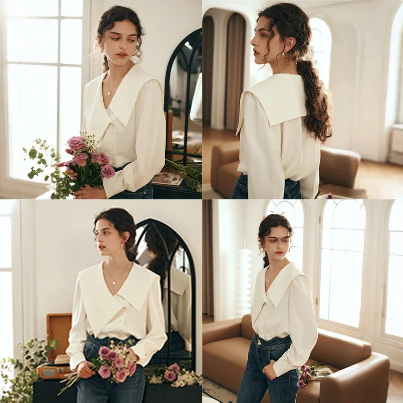 OLrain French Vintage Shirt Woman Spring 2025 New Fashion White Elegant Tops Long Sleeve Asymmetric Lapel Blouses O23QC85921