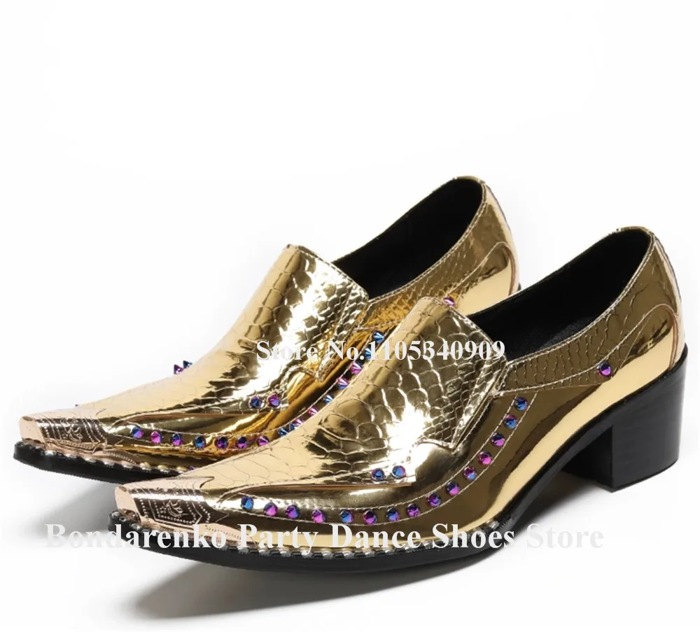 Bondarenko Gold Blue Pattern Leather Colorful Rivets Flat Men Shoes Pointed Toe Slip-on Thick Low Heel Slip-on Dance Shoes